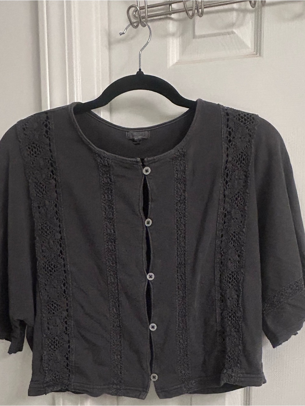 Aerie Gray Lace Trim Button Front Cardigan Top Women’s XS TP 100% Cotton Boho